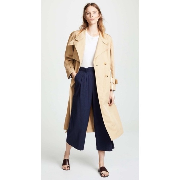 VINCE Drawstring Linen Cotton Long Trench Coat In Khaki Camel Size XS - Picture 1 of 16